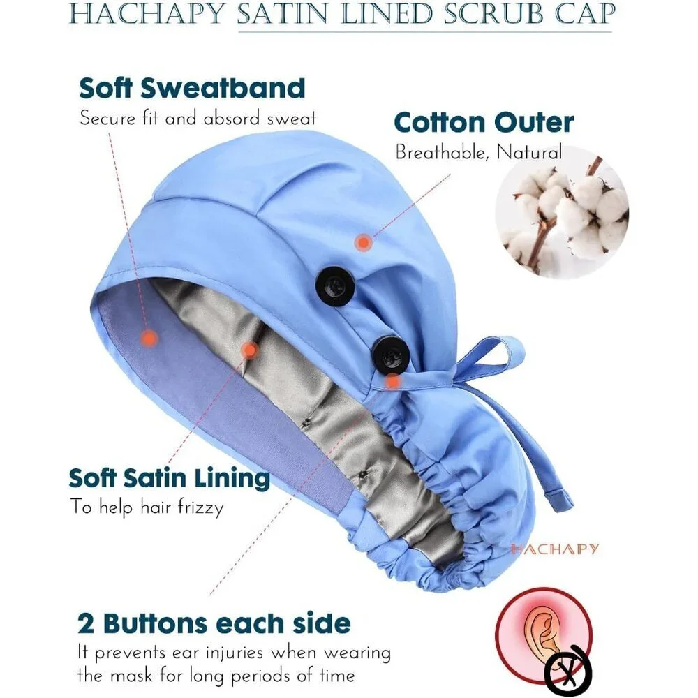 Satin Lined Scrub Cap Women Ponytail Cotton Surgical Nurse Cap 4 Buttons